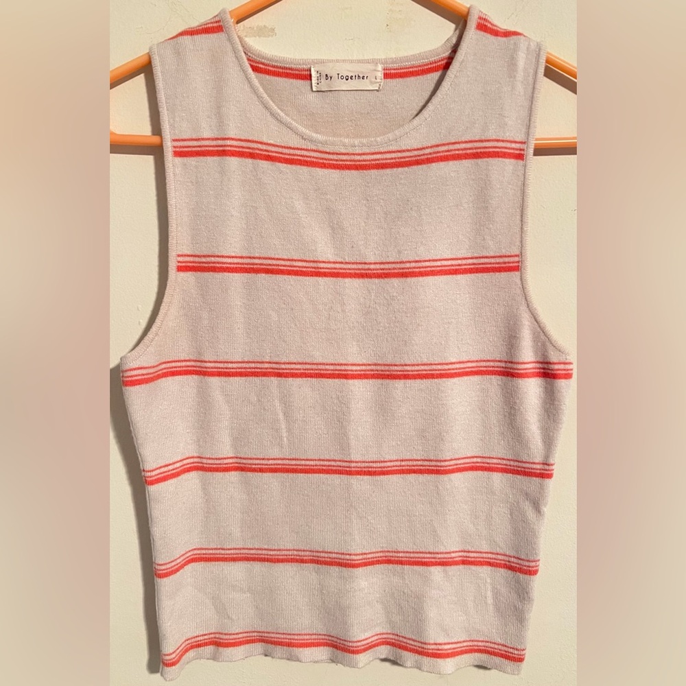 By Together Striped Knit Sweater Round Neck Tank Top Oatmeal & Coral Size Large
